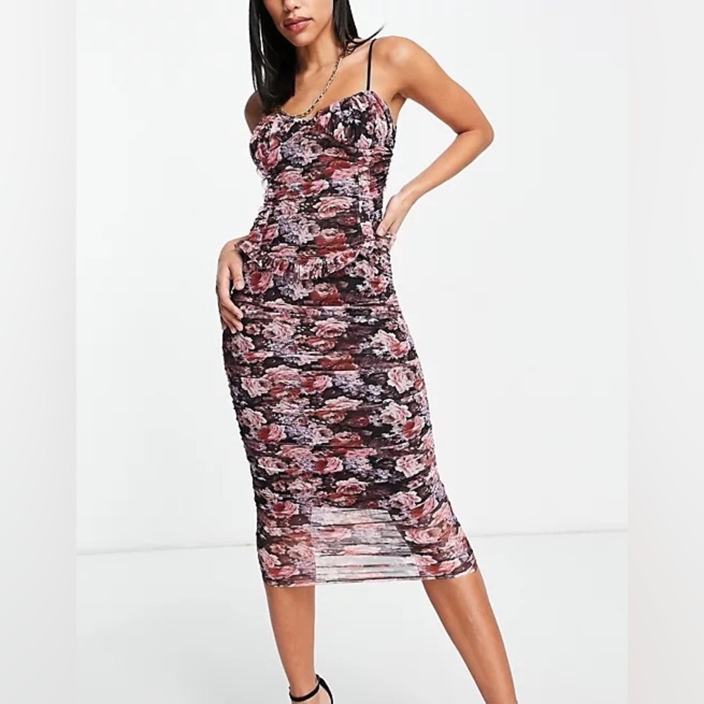 ASOS DESIGN Cami Ruched Meshed MIDI Dress in Floral Print
